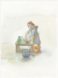 A medieval cook preparing food, 2004. Creator: Judith Dobie