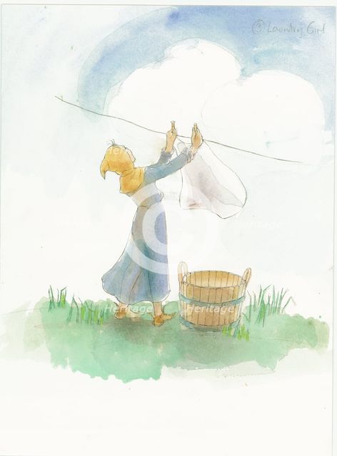 A medieval girl hanging laundry, 2004. Creator: Judith Dobie.