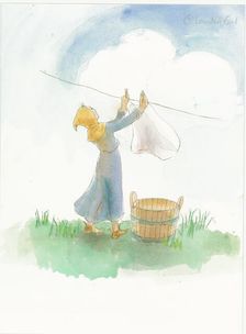A medieval girl hanging laundry, 2004. Creator: Judith Dobie