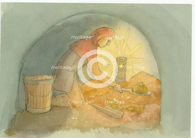 A medieval gongfermour, or gong farmer, at work, 2004. Creator: Judith Dobie.