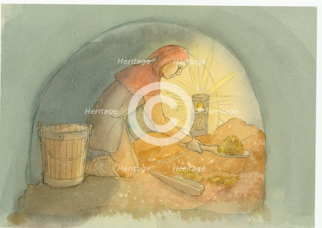 A medieval gongfermour, or gong farmer, at work, 2004. Creator: Judith Dobie.