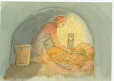 A medieval gongfermour, or gong farmer, at work, 2004. Creator: Judith Dobie