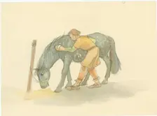 A medieval groom brushing a horse, 2004. Creator: Judith Dobie