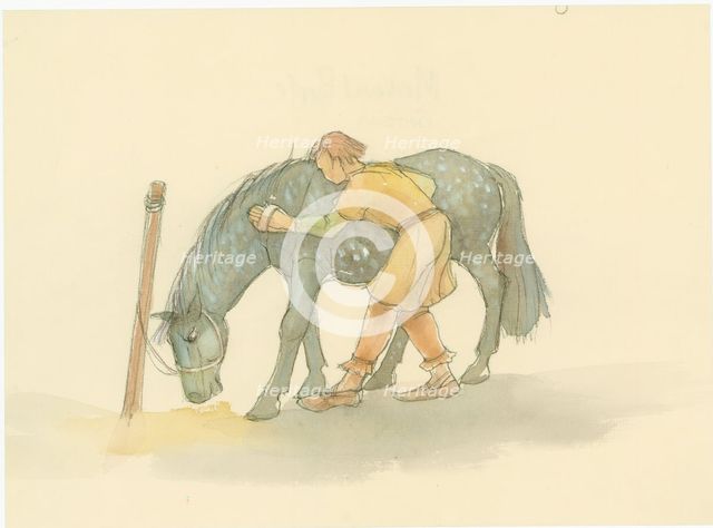 A medieval groom brushing a horse, 2004. Creator: Judith Dobie.
