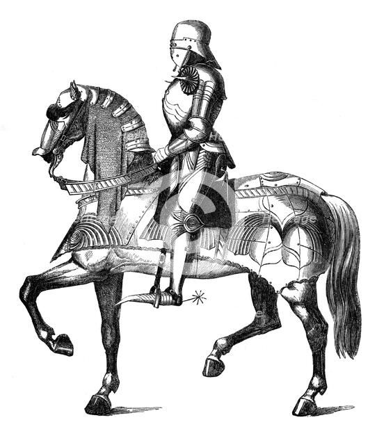 A medieval knight armed and mounted for war, (1870). Artist: Unknown