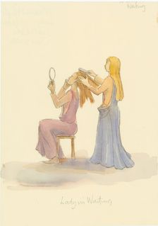 A medieval lady in waiting, brushing the hair of a lady, 2004. Creator: Judith Dobie