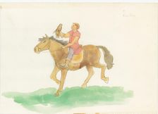 A medieval man, shown riding a horse with a bird of prey on his arm, 2004. Creator: Judith Dobie