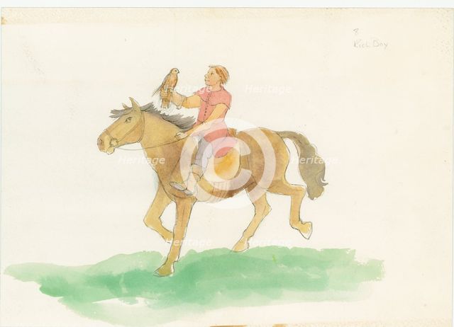 A medieval man, shown riding a horse with a bird of prey on his arm, 2004. Creator: Judith Dobie.