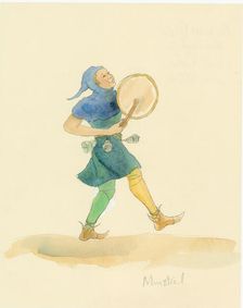 A medieval minstrel playing a percussion instrument, possibly a tabor, 2004. Creator: Judith Dobie
