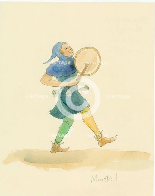 A medieval minstrel playing a percussion instrument, possibly a tabor, 2004. Creator: Judith Dobie.