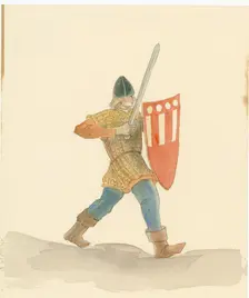 A medieval soldier carrying a long sword in his right hand and a shield in his left, 2004. Creator: Judith Dobie