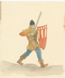 A medieval soldier carrying a long sword in his right hand and a shield in his left, 2004. Creator: Judith Dobie