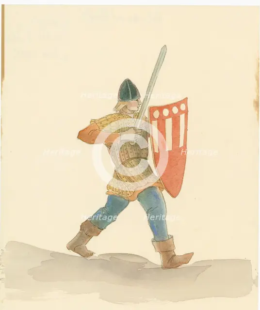A medieval soldier carrying a long sword in his right hand and a shield in his left, 2004. Creator: Judith Dobie.