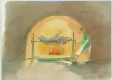 A medieval spit boy, who turns a spit in the kitchen, 2004. Creator: Judith Dobie