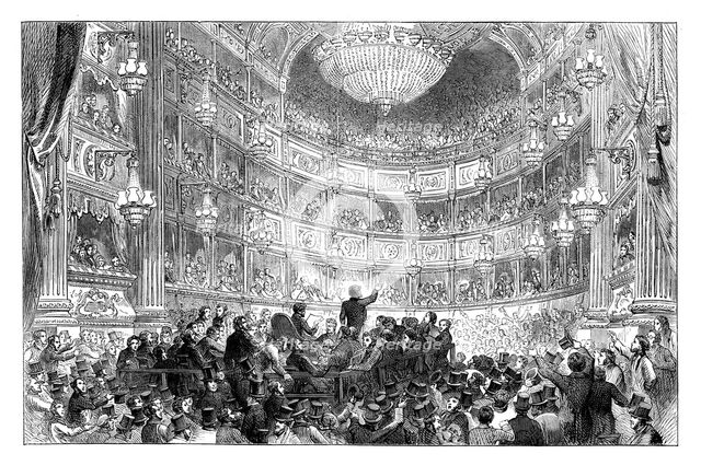 A meeting of the Anti-Corn Law League in Drury Lane Theatre, London, 1838 (c1895). Artist: Unknown