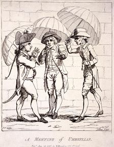 A meeting of umbrellas 1782. Artist: James Gillray