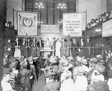A meeting at Caxton Hall prior to the Rush the House of Commons demonstration, October 1908. Creator: Unknown
