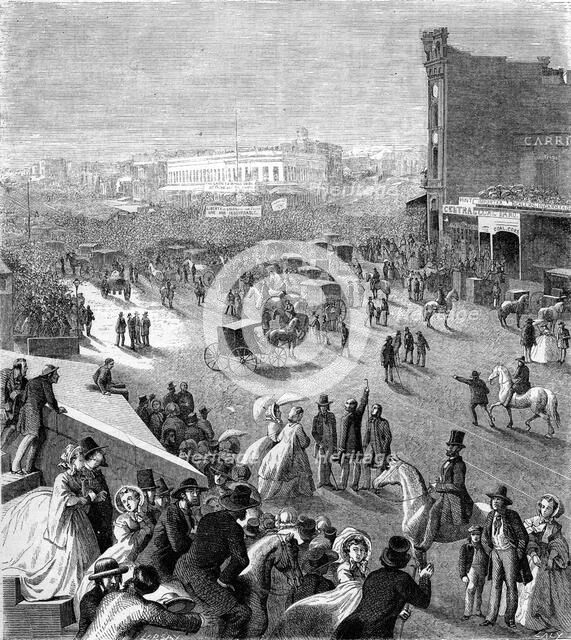 'A meeting', San Francisco, California, 19th century.Artist: Eustache Lorsay