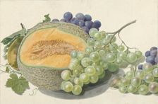 A Melon, Bunches of Grapes, a Peach and Hazelnuts, 1714-1760. Creator: Michiel van Huysum