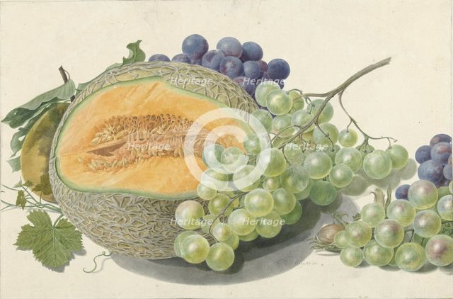 A Melon, Bunches of Grapes, a Peach and Hazelnuts, 1714-1760. Creator: Michiel van Huysum.