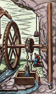 A mine being drained by a rag-and-chain pump powered by an overshot water wheel, 1556