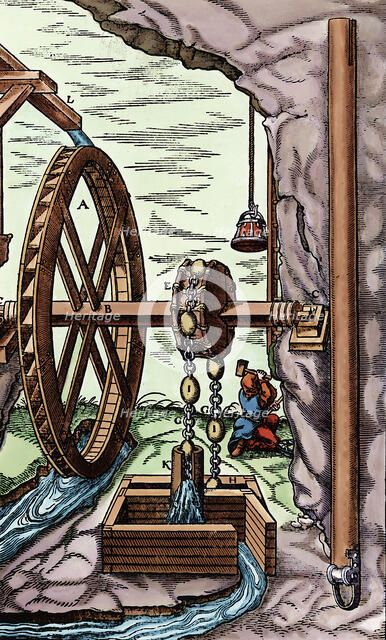 A mine being drained by a rag-and-chain pump powered by an overshot water wheel, 1556. Artist: Unknown