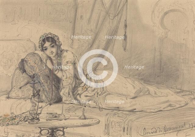 A Middle Eastern Woman Reclining in an Exotic Setting, 1844. Creator: Edouard de Beaumont.