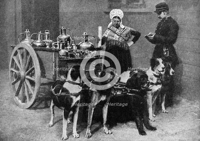 A milkwoman with a government inspector, Belgium, 1922. Artist: Unknown