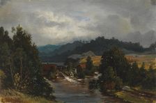 A mill pond in a river landscape, 1870-1879. Creator: Johan Knutson