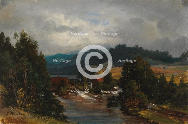 A mill pond in a river landscape, 1870-1879. Creator: Johan Knutson.