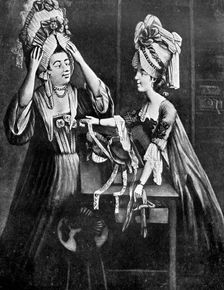 A Milliner's Shop; Mrs Monopolize, the butcher's wife, purchasing a modern head dress 1772