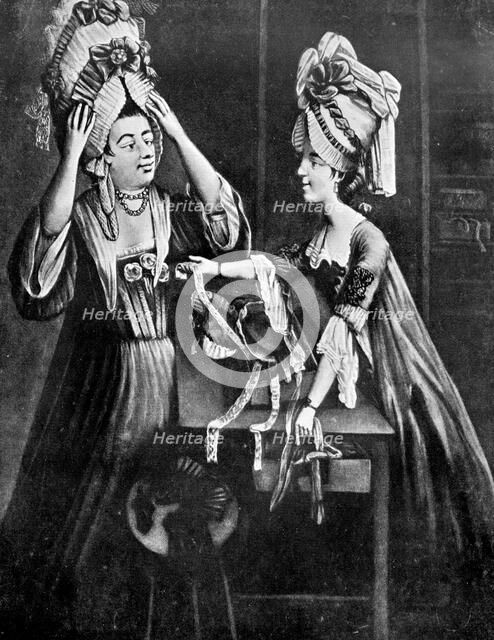 'A Milliner's Shop; Mrs Monopolize, the butcher's wife, purchasing a modern head dress', 1772. Artist: Unknown
