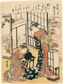 A Mirror on a Stand Suggesting the Autumnal Moon (Kyodai no shugetsu), from the series..., c. 1777. Creator: Torii Kiyonaga