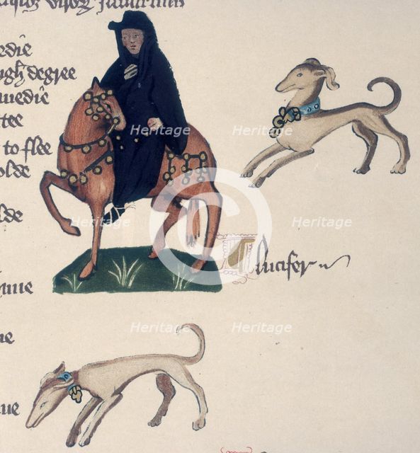 A monk on horseback and two dogs, 1911. Creator: Unknown.