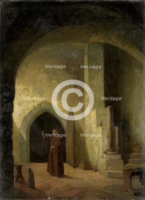 A monk in a cellar, holding a glass, 1800-1900.  Creator: F. Taupel.