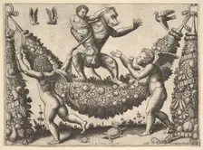 A monkey holding a bound putto standing on a garland in front of which are two winged p..., 1530-60. Creator: Master of the Die