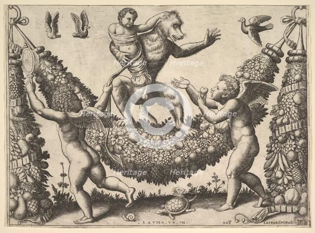 A monkey holding a bound putto standing on a garland in front of which are two winged p..., 1530-60. Creator: Master of the Die.