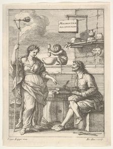 A monkey working a mortar and pestle, below Lorenzo Lippi (?) writing his humorous ..., ca. 1710-64. Creator: Francesco Zuccarelli