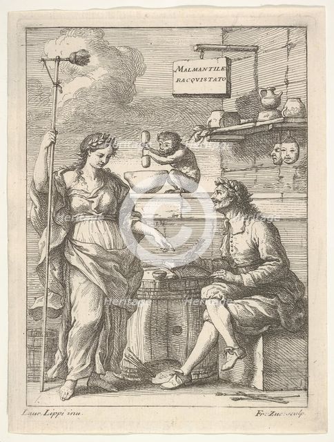 A monkey working a mortar and pestle, below Lorenzo Lippi (?) writing his humorous ..., ca. 1710-64. Creator: Francesco Zuccarelli.