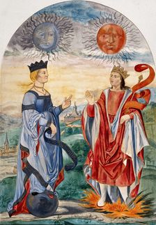A moon above a queen dressed in blue, and a sun above a king dressed in red..., 1900-1909. Creator: Edith Annie Ibbs