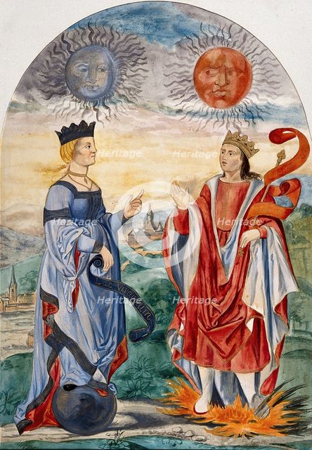 A moon above a queen dressed in blue, and a sun above a king dressed in red..., 1900-1909. Creator: Edith Annie Ibbs.
