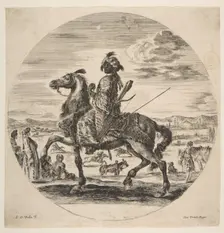 A Moorish horseman facing the left, standing and seated Turks in the middle ground, an..., ca. 1651. Creator: Stefano della Bella