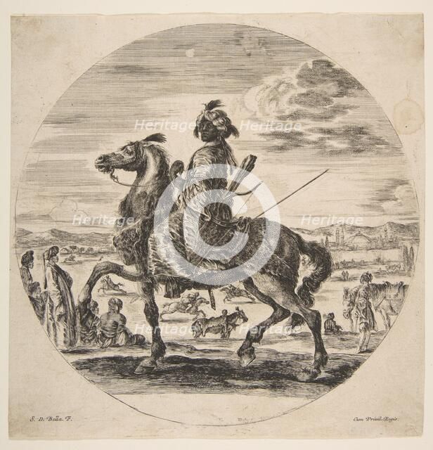 A Moorish horseman facing the left, standing and seated Turks in the middle ground, an..., ca. 1651. Creator: Stefano della Bella.