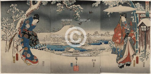A modern version of the Tale of Genji in snow scenes (Furyu genji yuki no nagame), 1853. Creator: Kunisada (Toyokuni III), Utagawa (1786-1864).