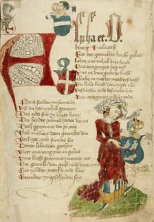 A Modishly Clothed Woman with the Falkenstein Coat of Arms; Barlaam und Josaphat, 1469. Creators: Hans Schilling, Diebolt Lauber