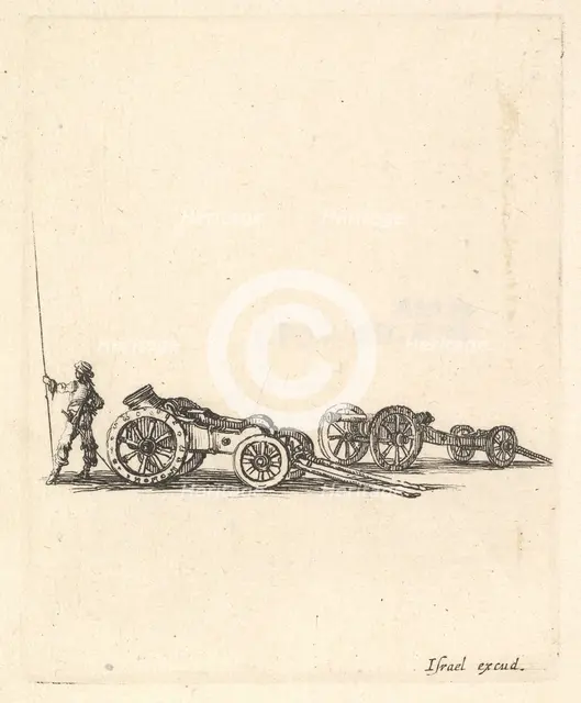 A mortar and a cannon, both mounted on carriages, a soldier shown from the back sta..., ca. 1638-43. Creator: Stefano della Bella.