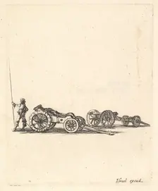 A mortar and a cannon, both mounted on carriages, a soldier shown from the back sta..., ca. 1638-43. Creator: Stefano della Bella