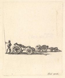 A mortar and a cannon, both mounted on carriages, a soldier shown from the back sta..., ca. 1638-43. Creator: Stefano della Bella
