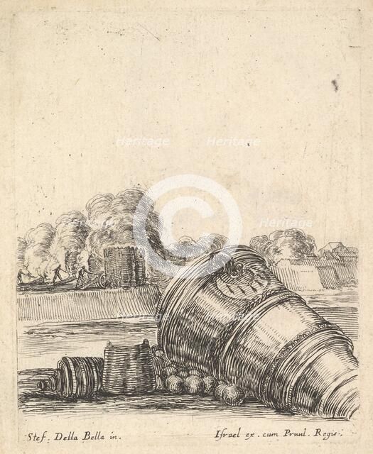 A mortar without a carriage lying on the ground to the right, soldiers firing canno..., ca. 1638-43. Creator: Stefano della Bella.