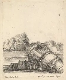 A mortar without a carriage lying on the ground to the right, soldiers firing canno..., ca. 1638-43. Creator: Stefano della Bella